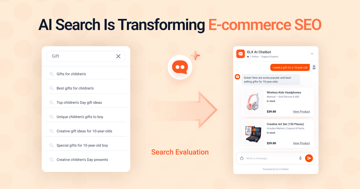 Illustration showing how AI search transforms ecommerce SEO by converting conversational product searches into personalized AI chatbot recommendations.