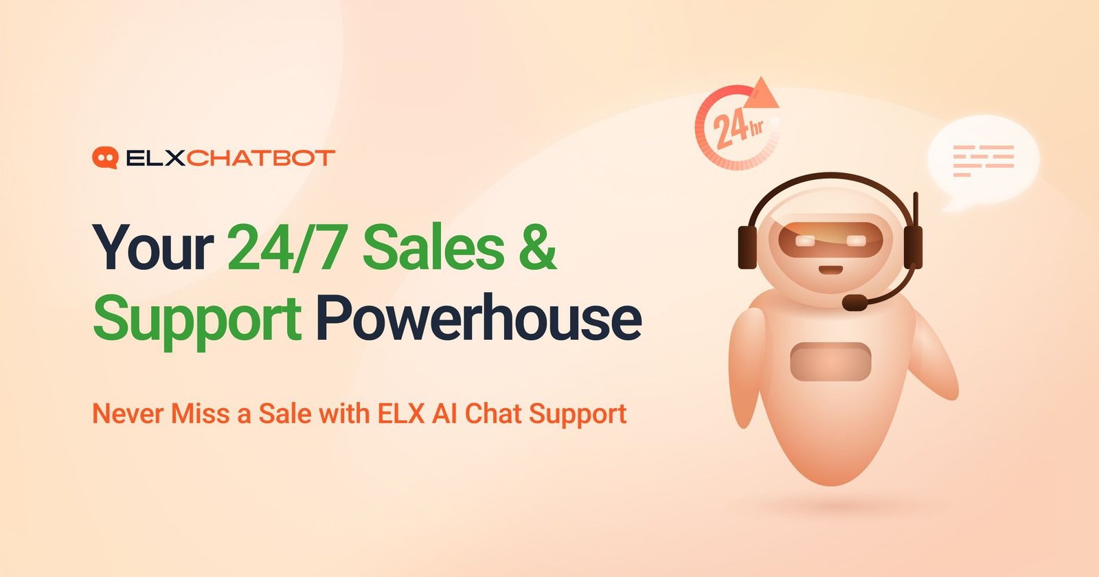 A friendly AI ELX chatbot character wearing a headset is depicted next to the text, with a 24 hour icon and a chat bubble icon
