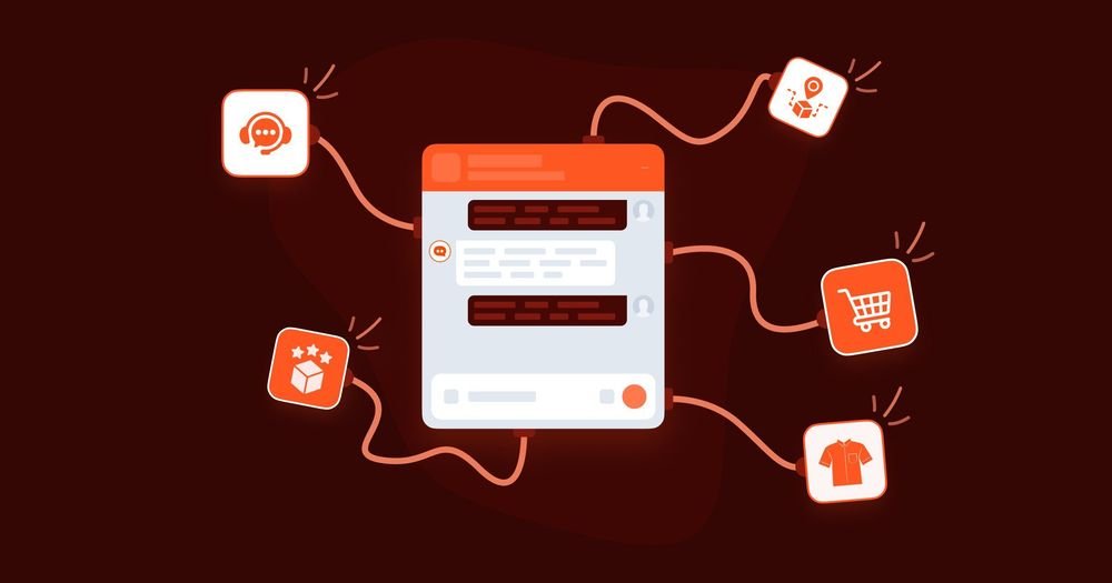 An ELXCHATBOT illustration of a central chatbot interface connected to various e-commerce icons: customer support, product ratings, shipping, shopping cart, and apparel, representing a comprehensive conversational commerce solution.