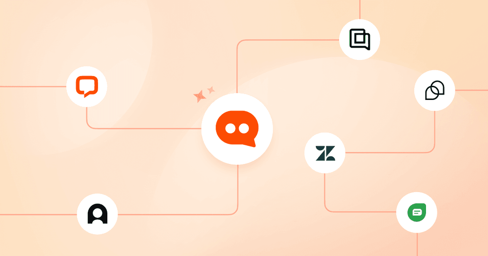 AI chatbot ecosystem illustration showing centralized customer support bot connected with platforms like Zendesk, Intercom, Freshchat, and messaging apps for eCommerce automation and omnichannel communication