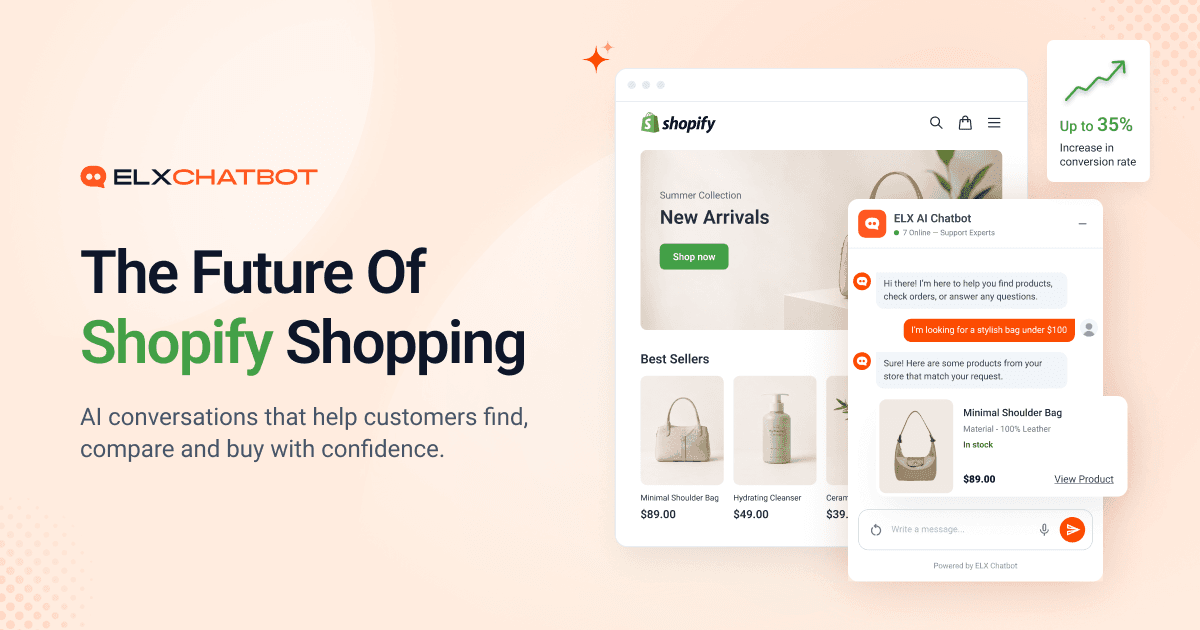 ELX Chatbot on a Shopify store providing AI-powered product recommendations, customer support, and conversational shopping experiences.