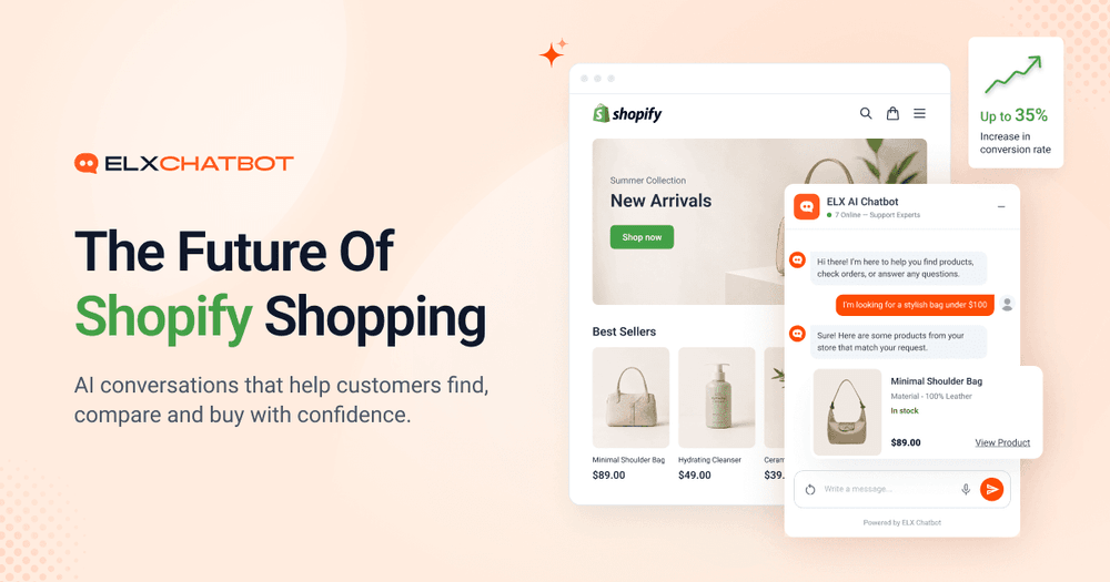 ELX Chatbot on a Shopify store providing AI-powered product recommendations, customer support, and conversational shopping experiences.