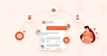 A close-up image of the AI ELX Chatbot interface, showing a customer query for wireless earbuds and the bot's direct product recommendations, symbolizing a seamless e-commerce and queries to conversions experience
