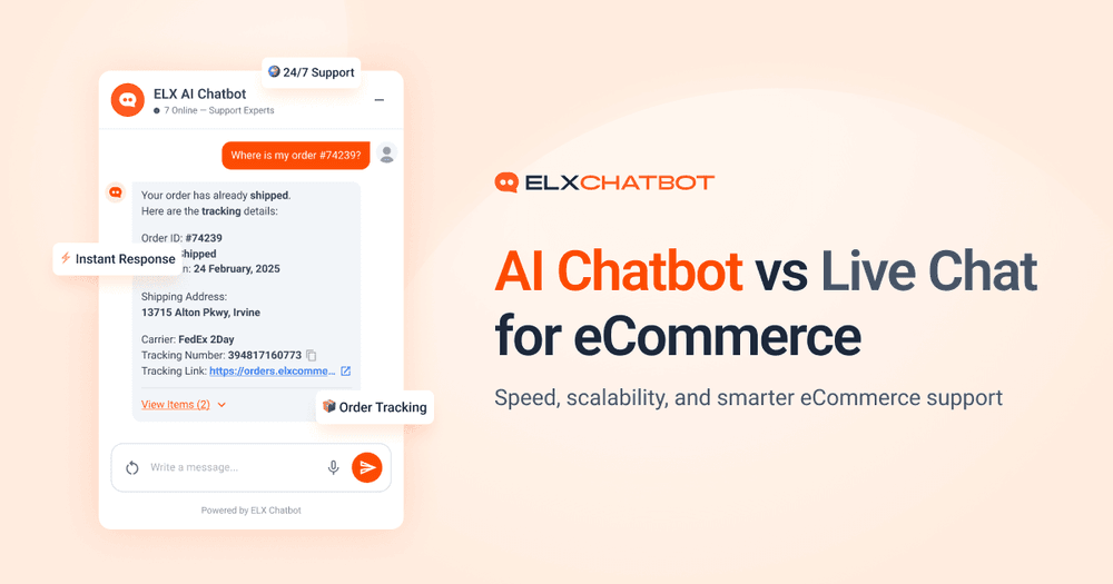 AI chatbot interface for ecommerce showing instant order tracking response alongside headline “AI Chatbot vs Live Chat for eCommerce” highlighting speed, scalability, and smarter customer support.