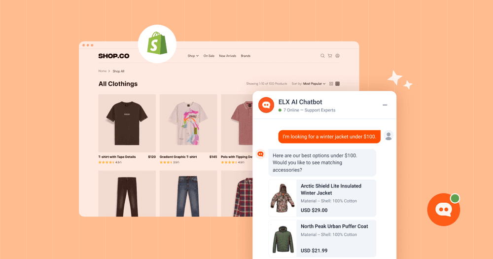Shopify eCommerce store interface displaying clothing products with an integrated AI chatbot (ELX AI Chatbot) recommending affordable winter jackets under $100 through live customer support conversation.