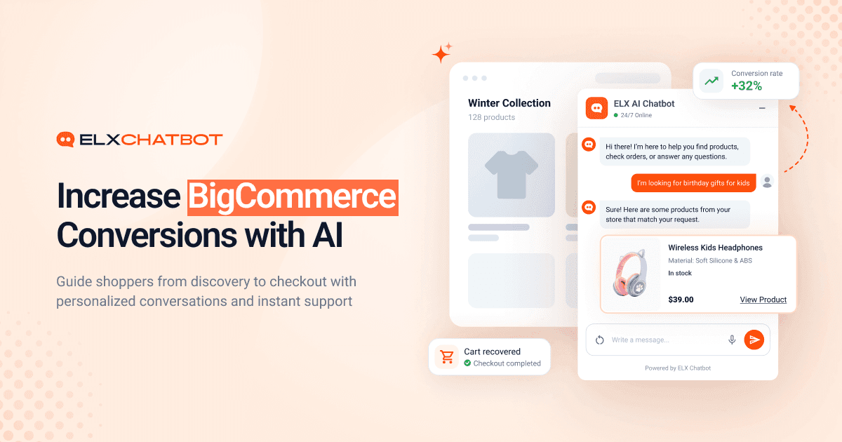 ELXChatbot AI for BigCommerce helping shoppers discover products, receive instant support, and increase ecommerce conversion rates through personalized conversations.