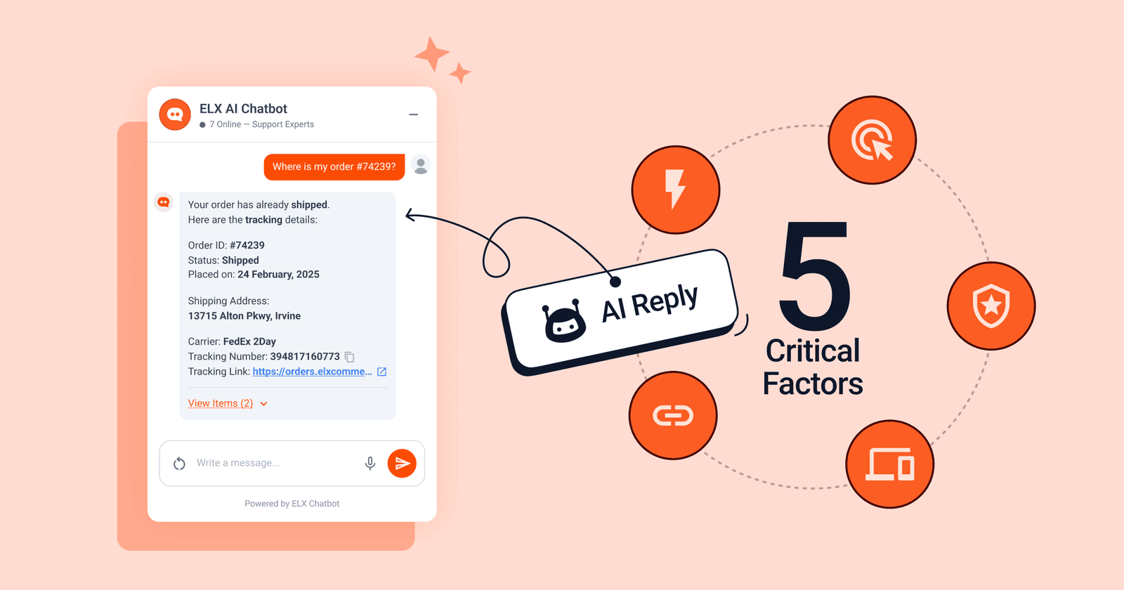 AI chatbot for ecommerce showing order tracking response with 5 critical factors for improving customer experience