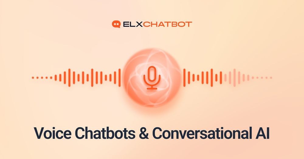 An ELXCHATBOT image titled "Voice Chatbots & Conversational AI" features a central glowing orange microphone icon surrounded by sound waves, symbolizing speech recognition and AI-powered voice interactions.