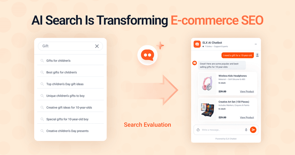 Illustration showing how AI search transforms ecommerce SEO by converting conversational product searches into personalized AI chatbot recommendations.