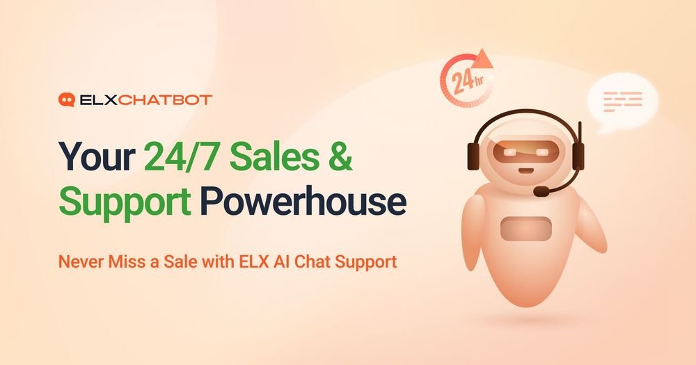 A friendly AI ELX chatbot character wearing a headset is depicted next to the text, with a 24 hour icon and a chat bubble icon