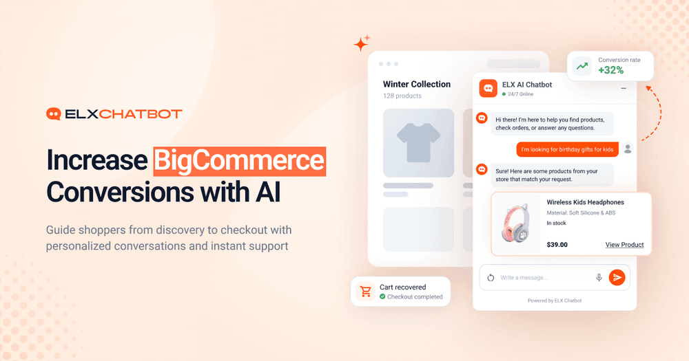 ELXChatbot AI for BigCommerce helping shoppers discover products, receive instant support, and increase ecommerce conversion rates through personalized conversations.